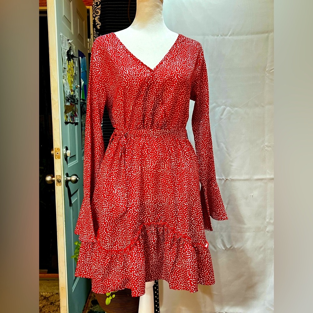 Women Polka Dot Boho Mini Dress V-Neck Beach Dress Ruffle Short Sleeve Sundress